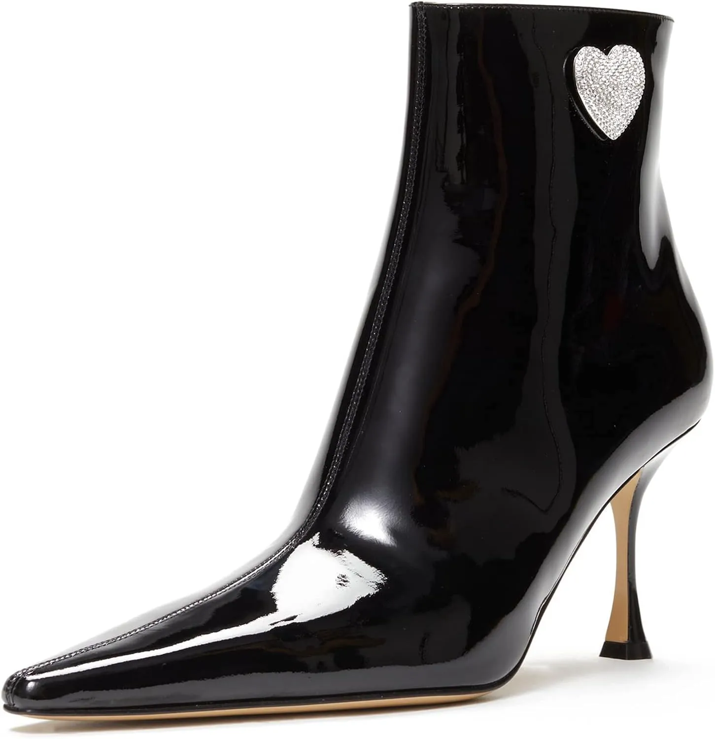 Women's High Heel Ankle Boots Crystal Heart Rhinestones Embellished Sexy Pointed Toe Stilettos Dress Black Booties