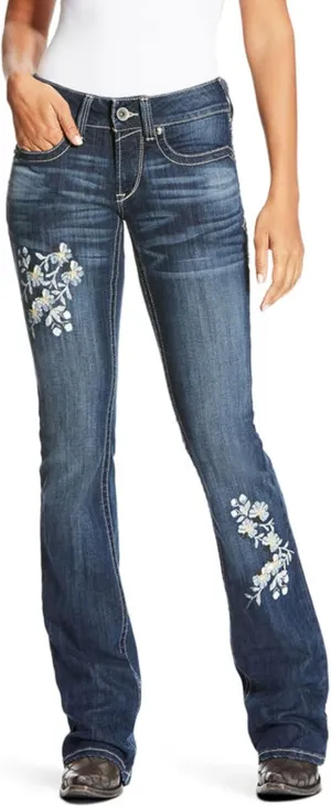 Women's Jeans Feather Flower Embroidery Mid Rise Stretchy Bootcut Slim Wide Leg Pants