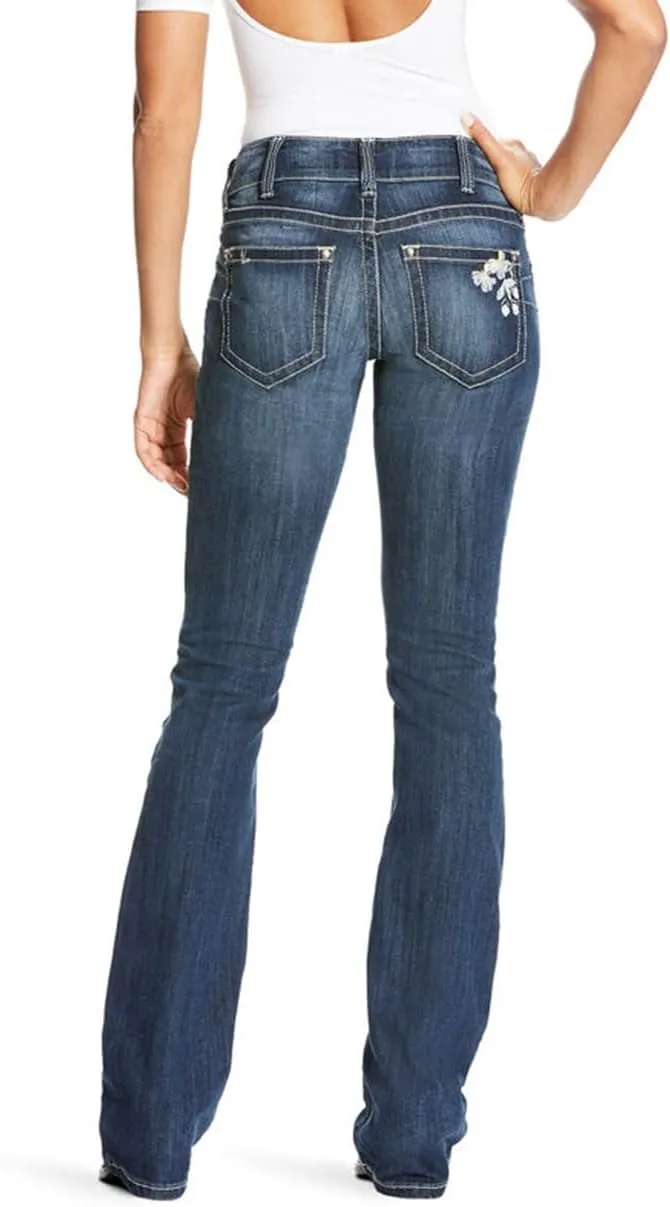 Women's Jeans Feather Flower Embroidery Mid Rise Stretchy Bootcut Slim Wide Leg Pants