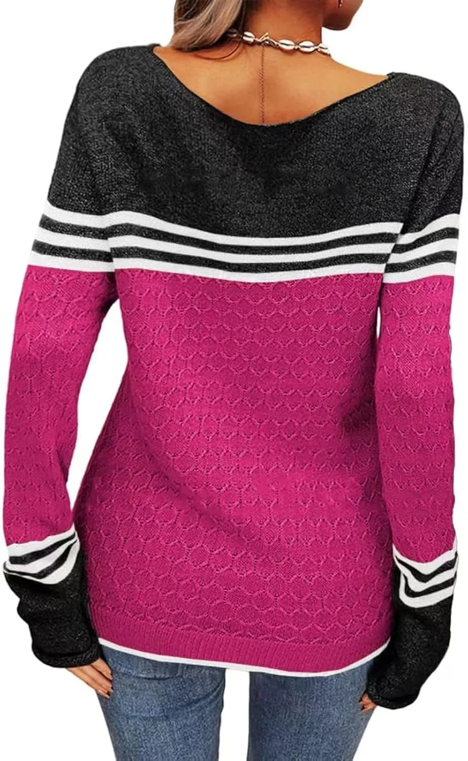 Women's Knitted Color Block Sweaters Long Sleeve Crewneck Fall Fashion Shirt Tunic Tops Blouse Knitwear Pullover