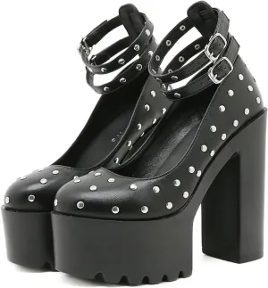 Women's Leather Studded Platform Chunky Heel Gothic Pumps Fashion Ankle Strap Lug Sole Chunky High Heels Punk Shoes Y2k Wedding Party Dress Shoes