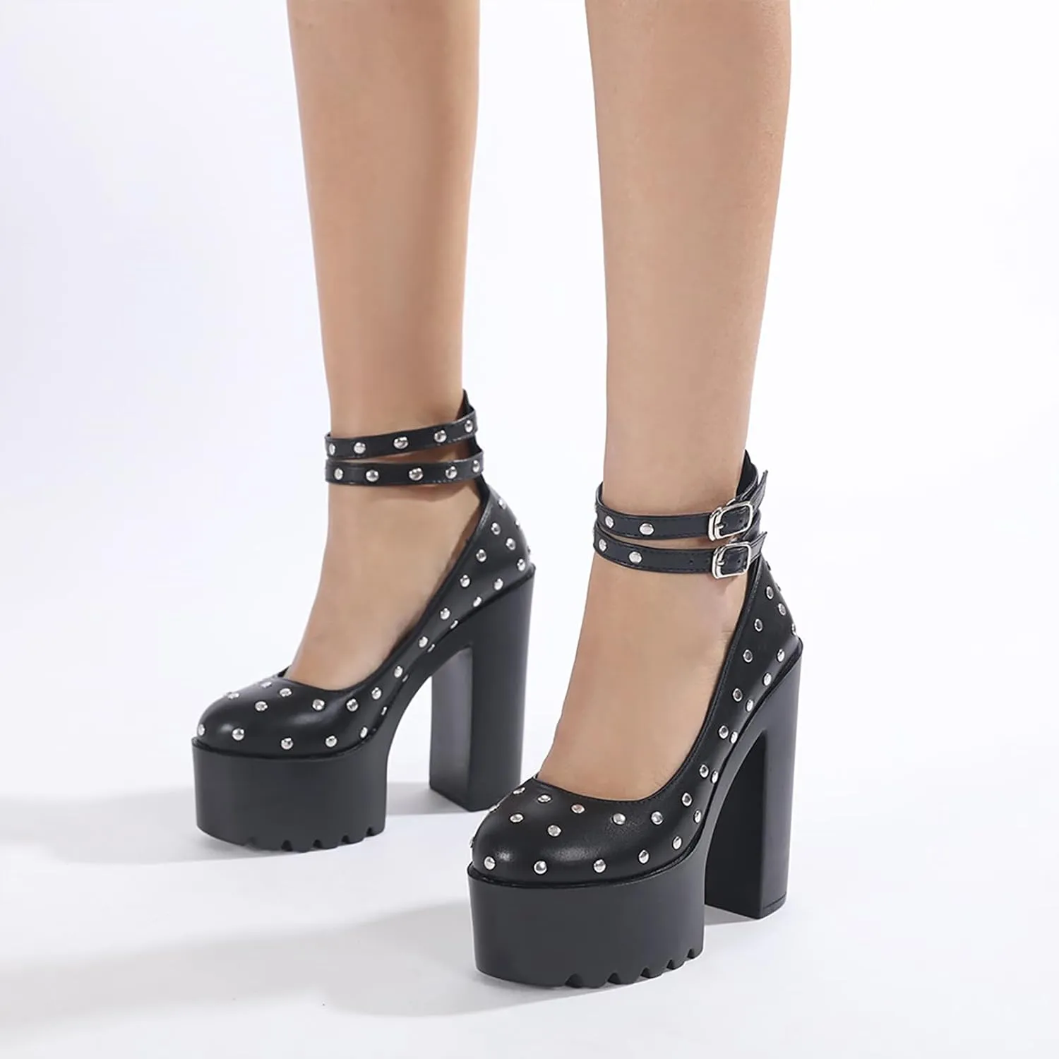 Women's Leather Studded Platform Chunky Heel Gothic Pumps Fashion Ankle Strap Lug Sole Chunky High Heels Punk Shoes Y2k Wedding Party Dress Shoes