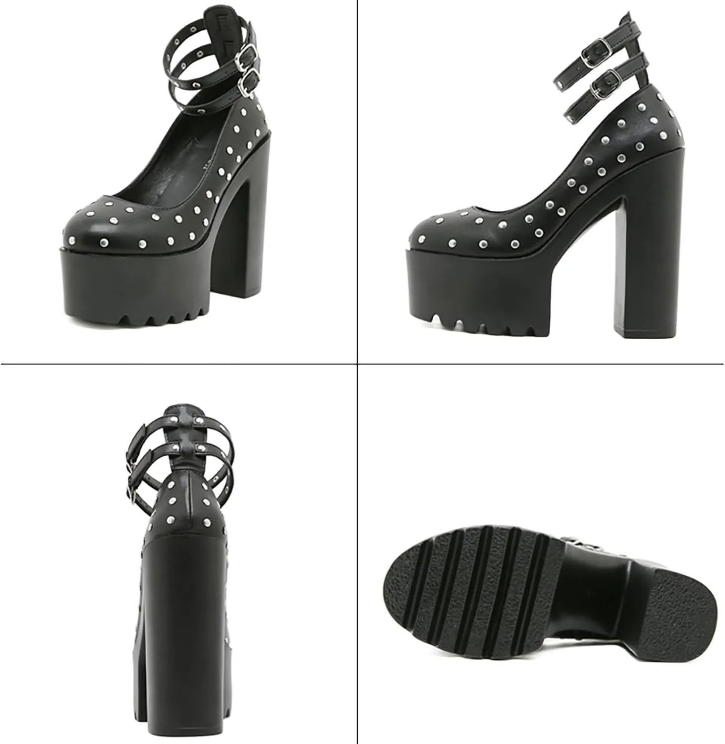 Women's Leather Studded Platform Chunky Heel Gothic Pumps Fashion Ankle Strap Lug Sole Chunky High Heels Punk Shoes Y2k Wedding Party Dress Shoes