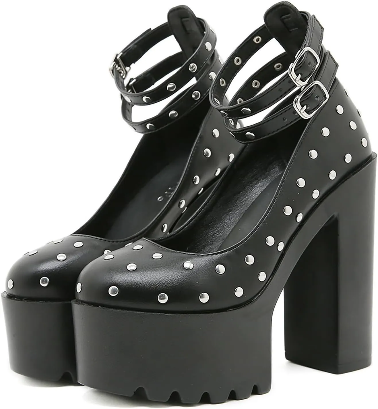 Women's Leather Studded Platform Chunky Heel Gothic Pumps Fashion Ankle Strap Lug Sole Chunky High Heels Punk Shoes Y2k Wedding Party Dress Shoes