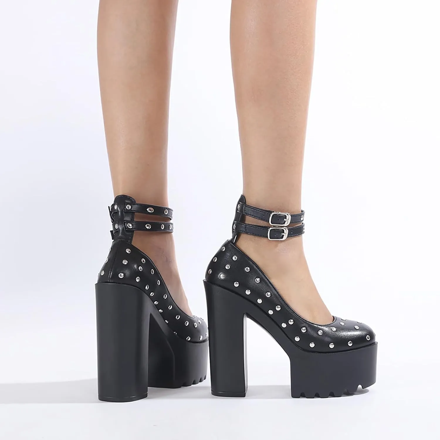 Women's Leather Studded Platform Chunky Heel Gothic Pumps Fashion Ankle Strap Lug Sole Chunky High Heels Punk Shoes Y2k Wedding Party Dress Shoes