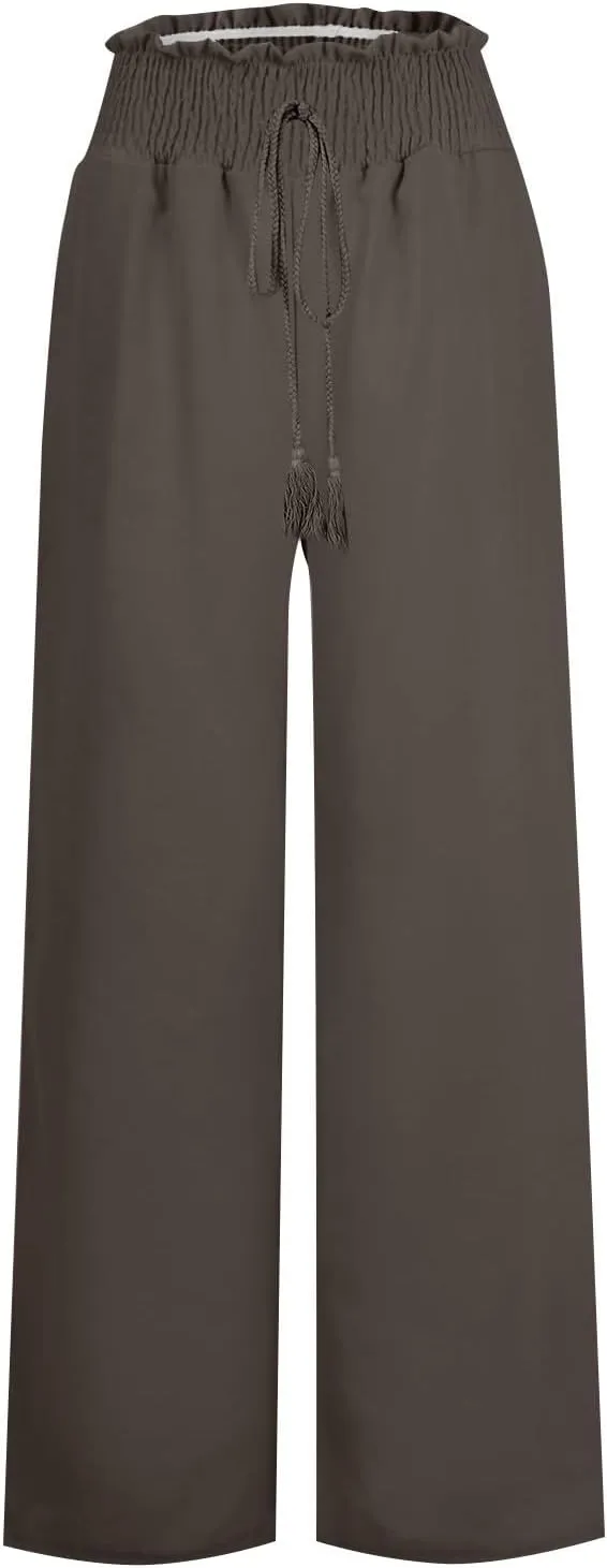 Womens Linen Blend Summer Palazzo Palazzo Pants Elastic Waist Wide Leg Plus Size Pant Trousers Trendy