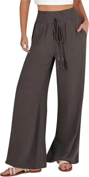 Womens Linen Blend Summer Palazzo Palazzo Pants Elastic Waist Wide Leg Plus Size Pant Trousers Trendy