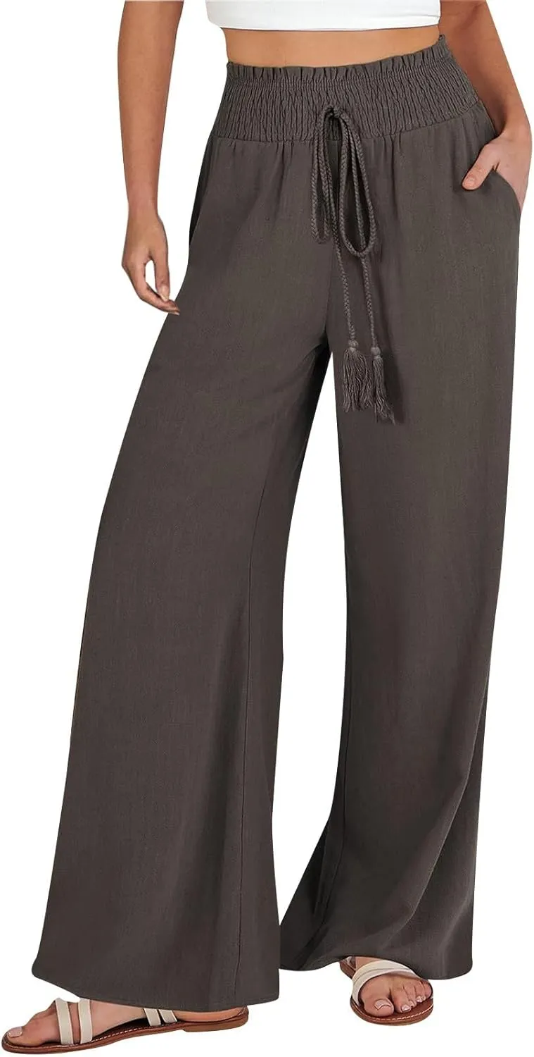 Womens Linen Blend Summer Palazzo Palazzo Pants Elastic Waist Wide Leg Plus Size Pant Trousers Trendy