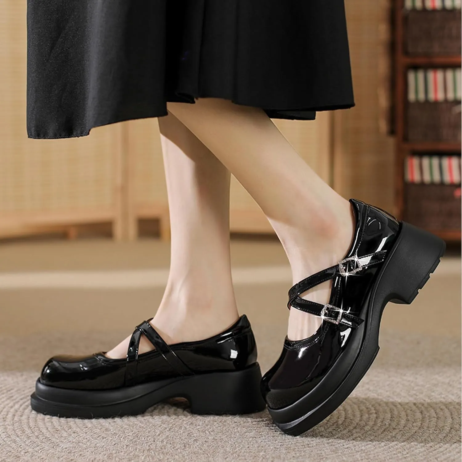Women's Mary Jane Shoes Patent Leather Platform Chunky Heel - Round Toe Ankle Strap Dress Pumps for Y2K Retro Kawaii Fashion, Uniform Dress Party & Cosplay