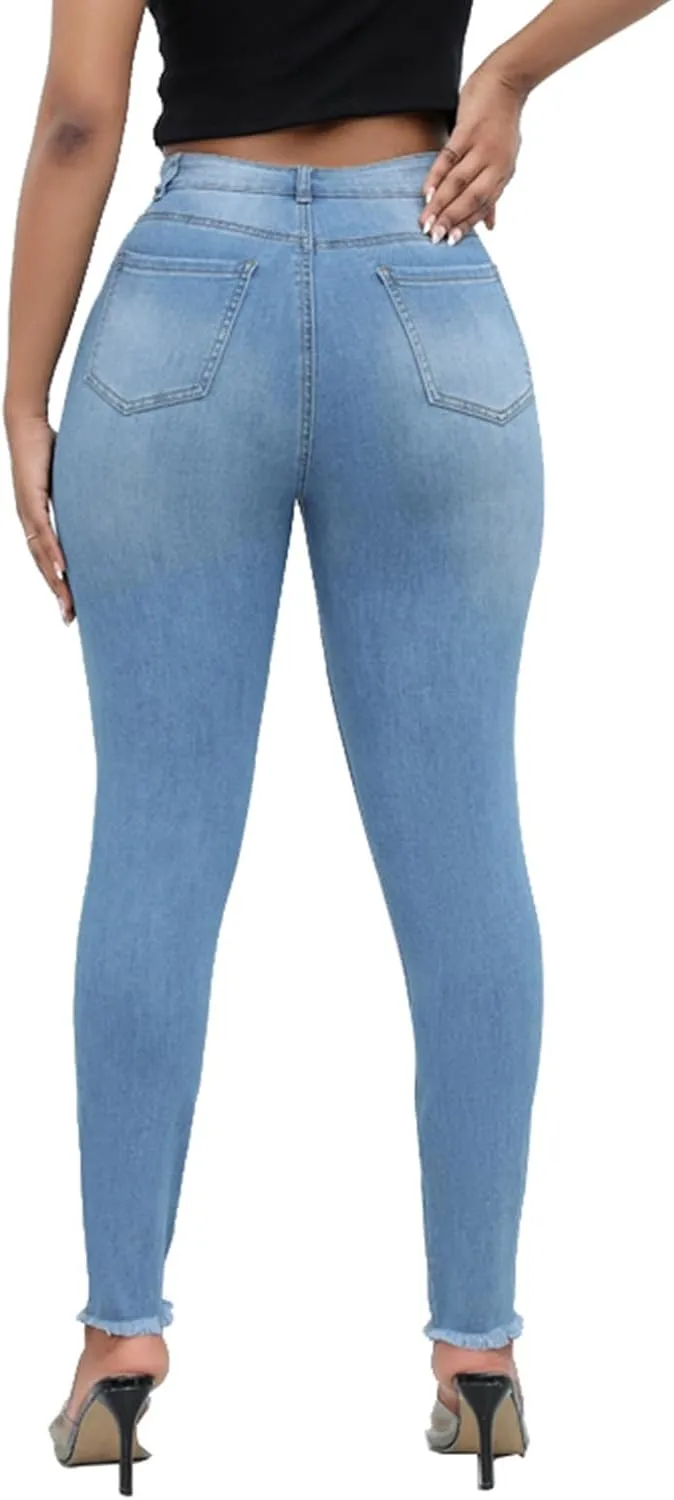 Womens Mid Waisted Ripped Jeans Straight Leg Stretchy Slim Fit Boyfriend Distressed Denim Pants with Pocket