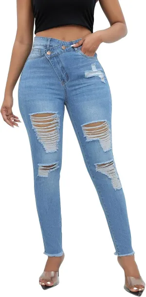 Womens Mid Waisted Ripped Jeans Straight Leg Stretchy Slim Fit Boyfriend Distressed Denim Pants with Pocket