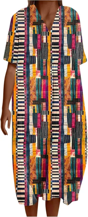 Womens Novelty Graphic Dresses Loose Summer Short Sleeve Maxi Sundress V-Neck Casual Flowy Beach Long Dress