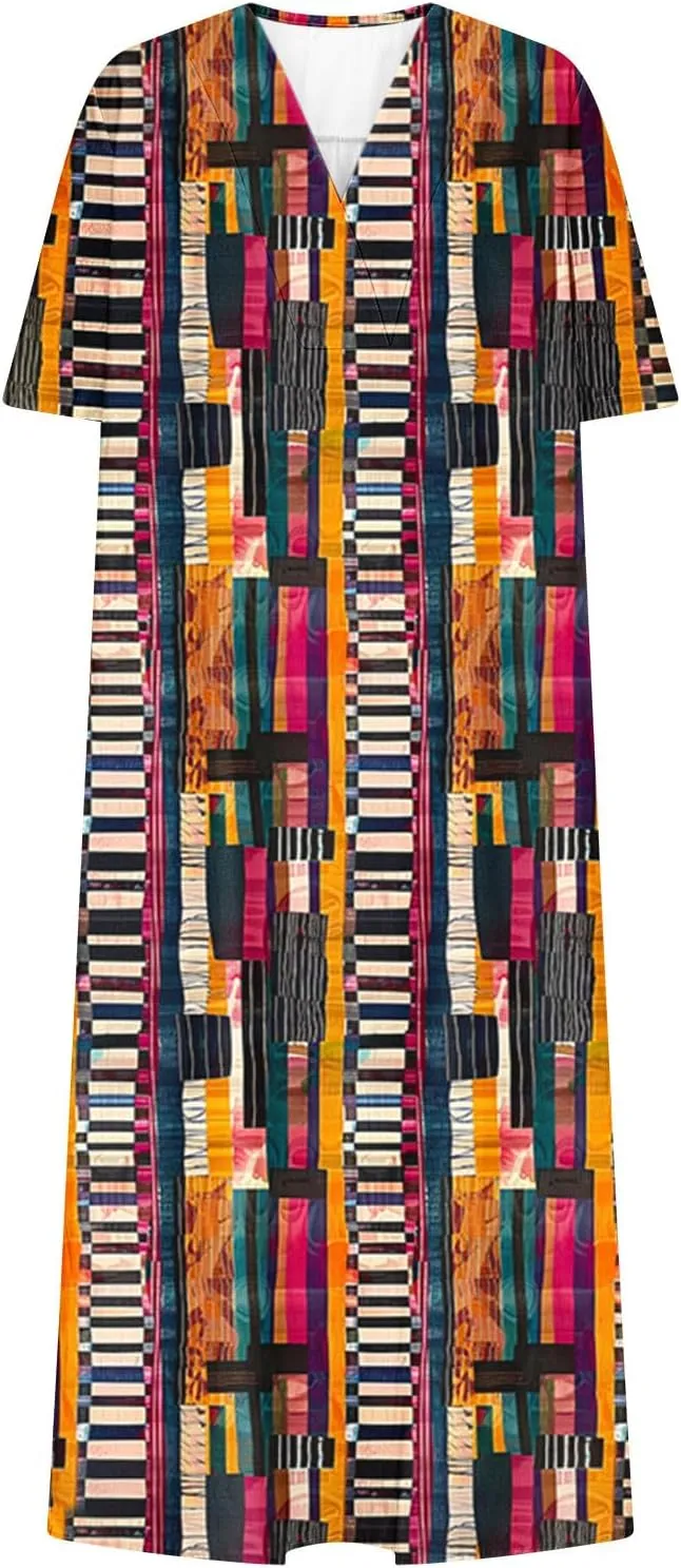 Womens Novelty Graphic Dresses Loose Summer Short Sleeve Maxi Sundress V-Neck Casual Flowy Beach Long Dress