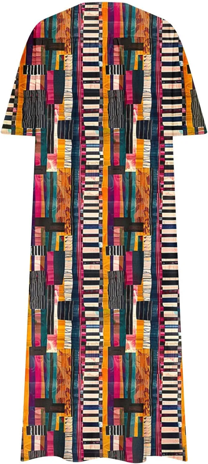 Womens Novelty Graphic Dresses Loose Summer Short Sleeve Maxi Sundress V-Neck Casual Flowy Beach Long Dress