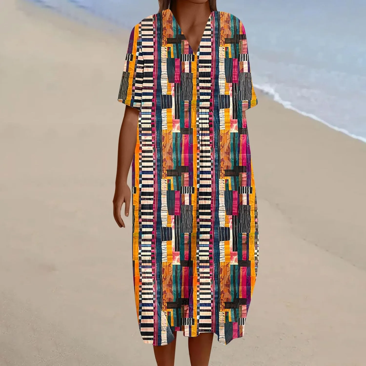 Womens Novelty Graphic Dresses Loose Summer Short Sleeve Maxi Sundress V-Neck Casual Flowy Beach Long Dress