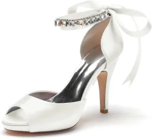 Women's Open Toe Heel Pumps Pearl Ankle Strap Lace-up Prom Wedding Dress Shoes Bridal Sandals