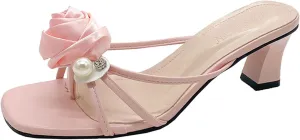 Women's Pearl Flower Kitten Heel Flip Flops Square Open Toe Slip On Mid Heel Dress Slide Sandals Daily Grace Non Slip Party Prom Formal Slippers