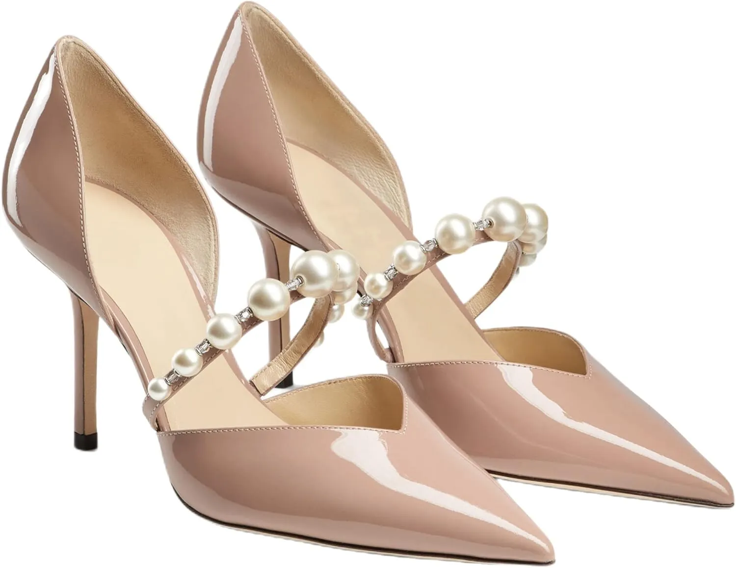 Women's Pointed Toe High Heels Pearl Embellished Strap Pumps Close Toe Stiletto Heeled Pumps for Wedding Party Dress Office
