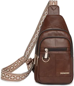 women's PU material printed wide shoulder strap crossbody bag chest bag