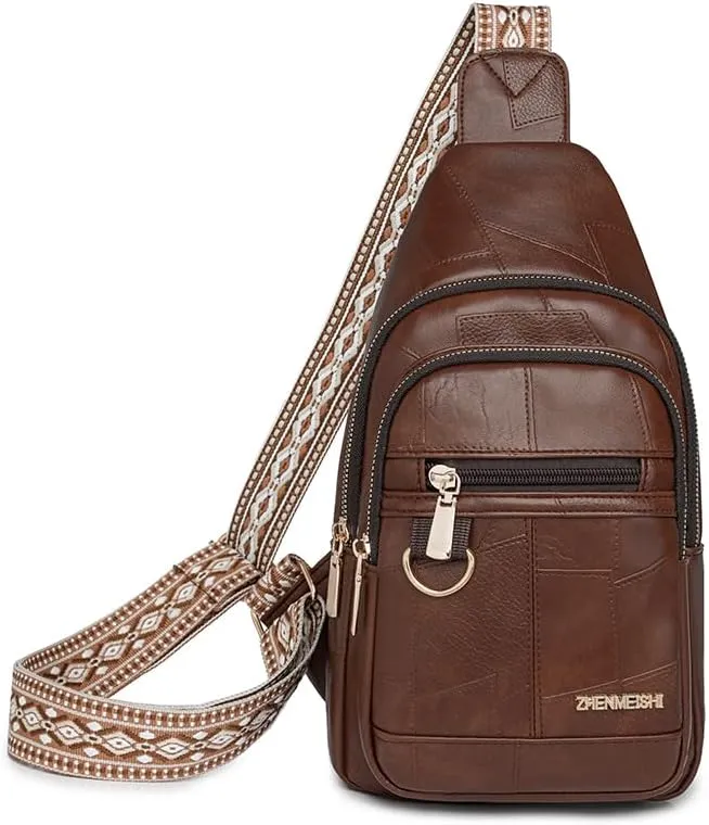 women's PU material printed wide shoulder strap crossbody bag chest bag