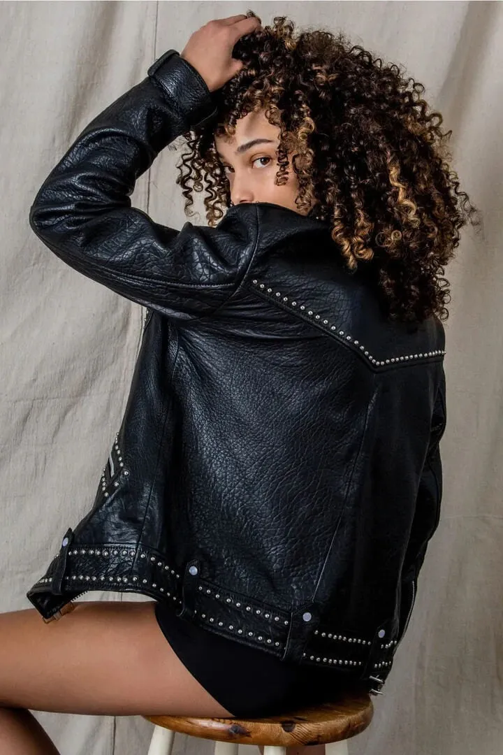 Women's Punk Biker Studded Leather Jacket In Black