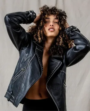 Women's Punk Biker Studded Leather Jacket In Black
