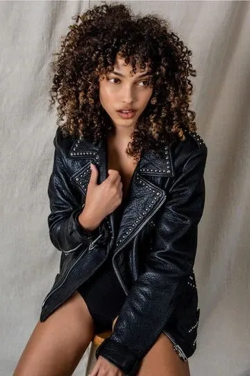 Women's Punk Biker Studded Leather Jacket In Black