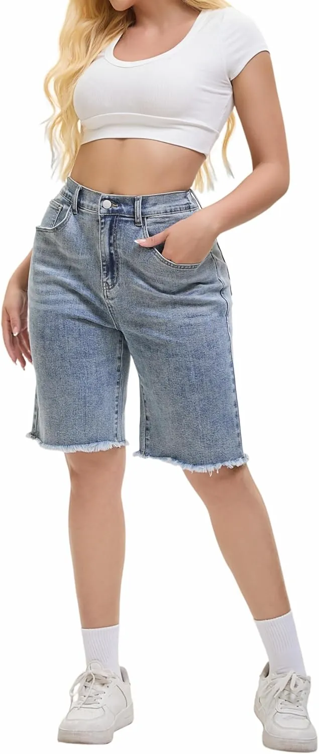 Women's Raw Hem Denim Jean Short Summer Casual Ripped Distressed Bermuda Brazilian Butt Lifting Cut Off Hot Shorts