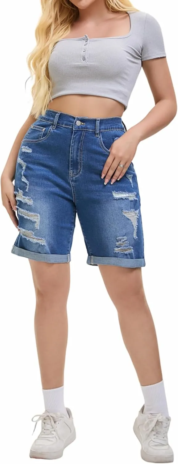 Women's Raw Hem Denim Jean Short Summer Casual Ripped Distressed Bermuda Brazilian Butt Lifting Cut Off Hot Shorts