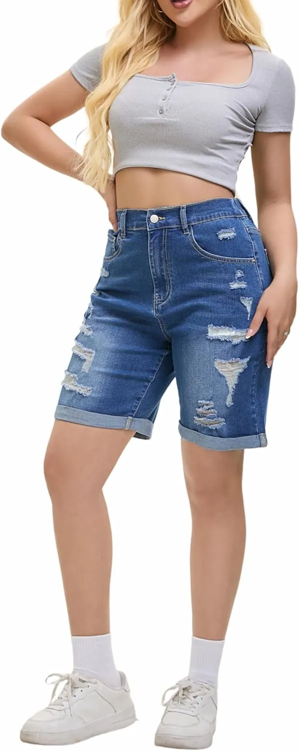Women's Raw Hem Denim Jean Short Summer Casual Ripped Distressed Bermuda Brazilian Butt Lifting Cut Off Hot Shorts