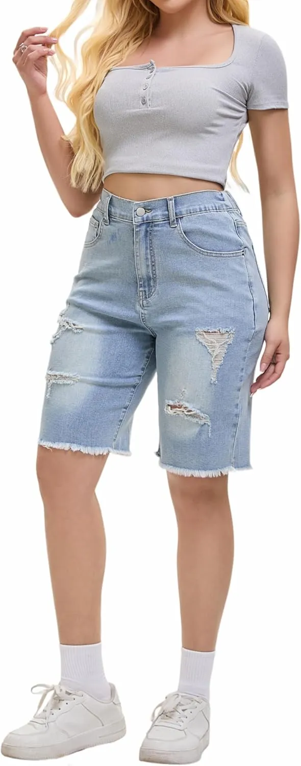 Women's Raw Hem Denim Jean Short Summer Casual Ripped Distressed Bermuda Brazilian Butt Lifting Cut Off Hot Shorts