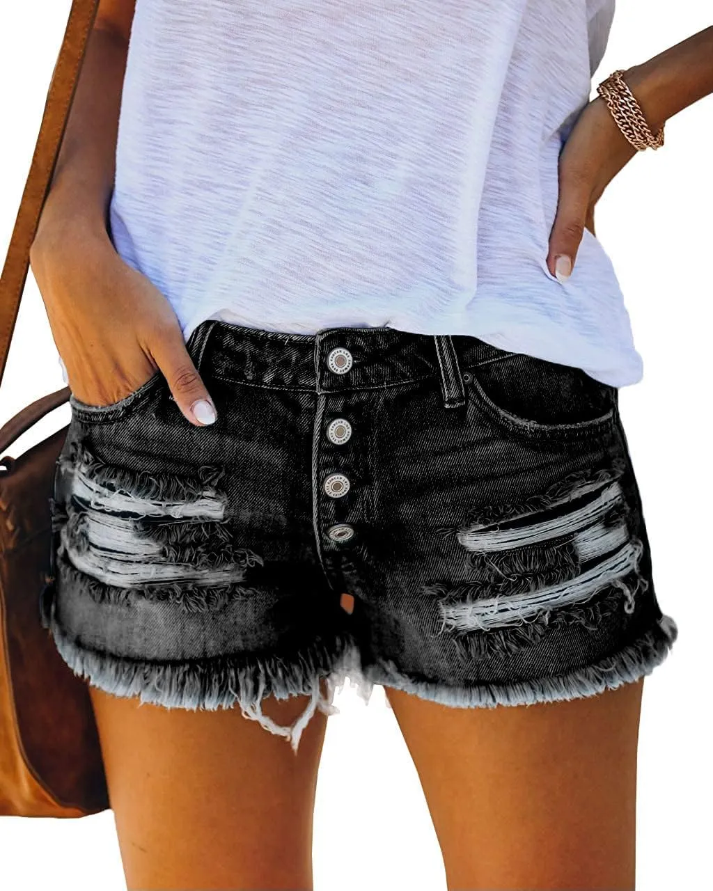 Women's Ripped Denim Jean Shorts Mid Rise Summer Hot Raw Hem Casual Shorts