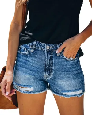 Women's Ripped Denim Jean Shorts Mid Rise Summer Hot Raw Hem Casual Shorts