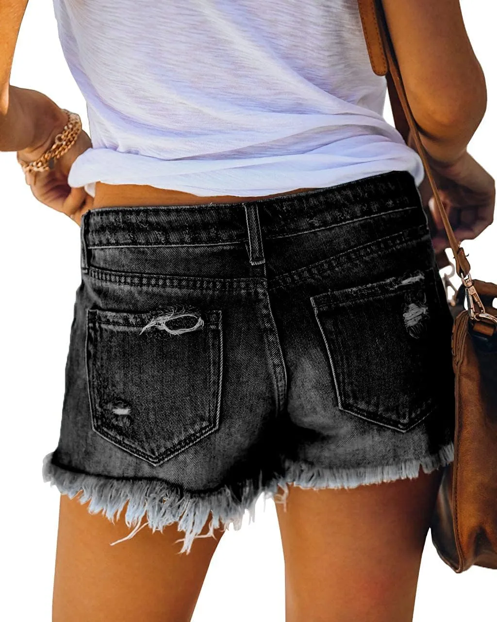 Women's Ripped Denim Jean Shorts Mid Rise Summer Hot Raw Hem Casual Shorts