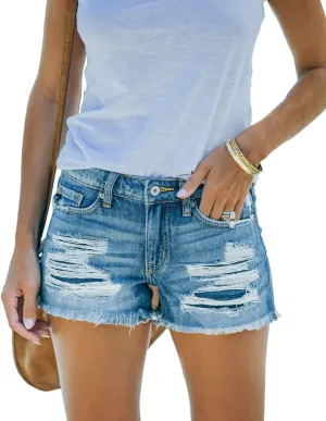 Women's Ripped Denim Shorts Mid Rise Summer Hot Raw Hem Casual Jean Shorts
