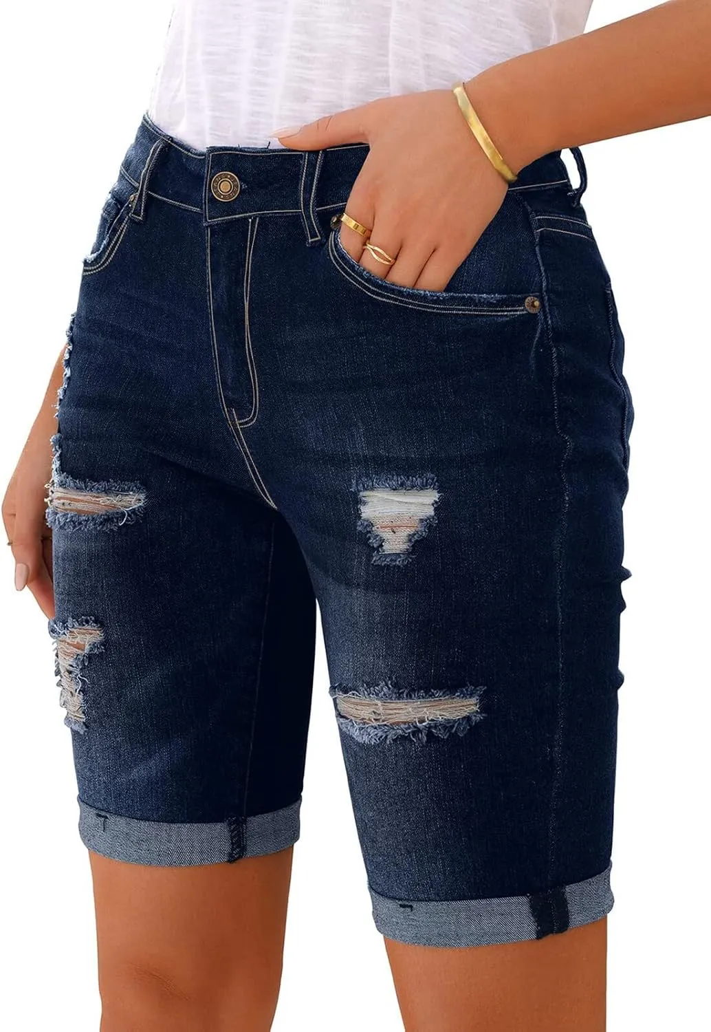 Women's Ripped Mid-Rise Denim Bermuda Shorts Frayed Raw Hem Stretch Jean Shorts