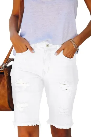 Women's Ripped Mid-Rise Denim Bermuda Shorts Frayed Raw Hem Stretch Jean Shorts