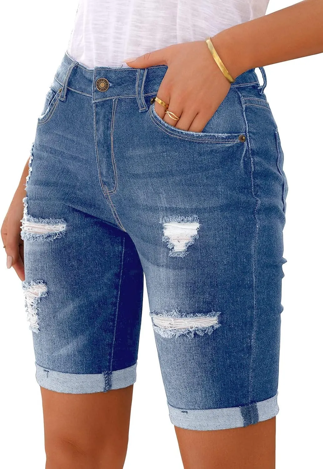 Women's Ripped Mid-Rise Denim Bermuda Shorts Frayed Raw Hem Stretch Jean Shorts