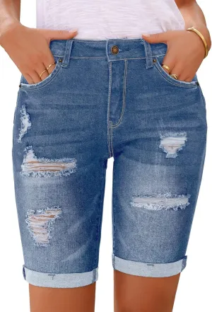 Women's Ripped Mid-Rise Denim Bermuda Shorts Frayed Raw Hem Stretch Jean Shorts