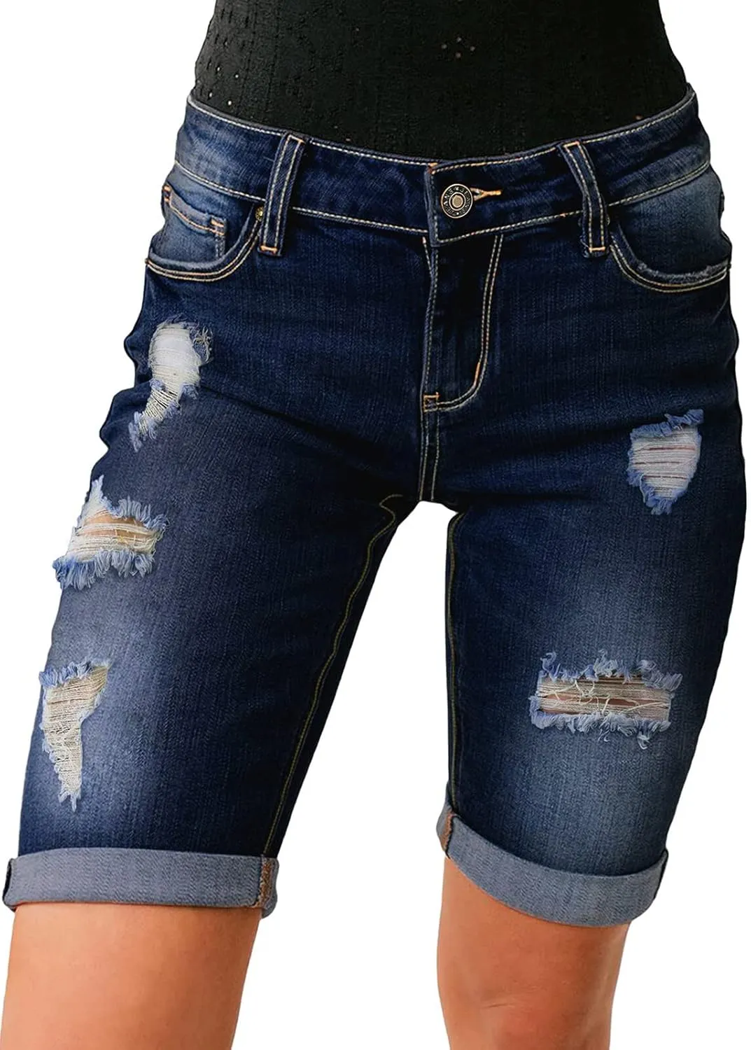 Women's Ripped Mid-Rise Denim Bermuda Shorts Frayed Raw Hem Stretch Jean Shorts