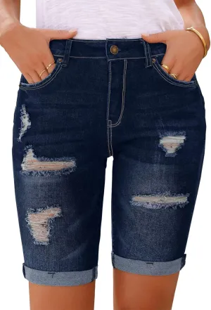 Women's Ripped Mid-Rise Denim Bermuda Shorts Frayed Raw Hem Stretch Jean Shorts