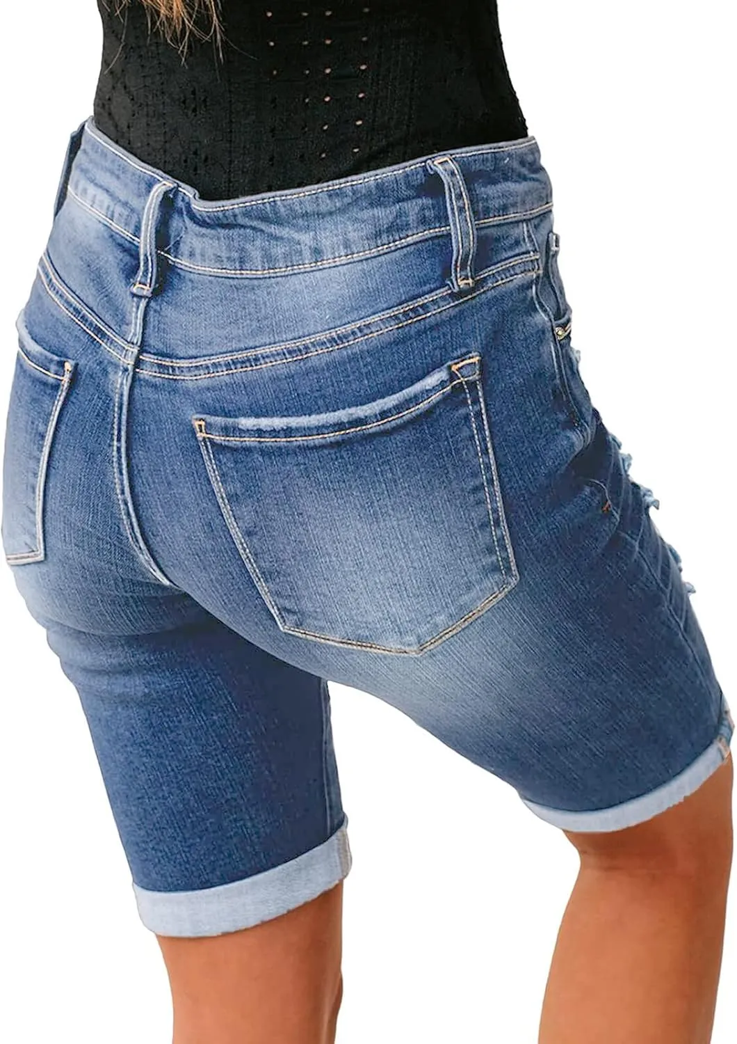 Women's Ripped Mid-Rise Denim Bermuda Shorts Frayed Raw Hem Stretch Jean Shorts