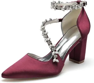 Women's Satin Bridal Pumps - Crystal Embellished Block Heel Wedding Shoes, 3 Inch Chunky Heels with Closed Pointed Toe for Bride, Prom & Cocktail Parties