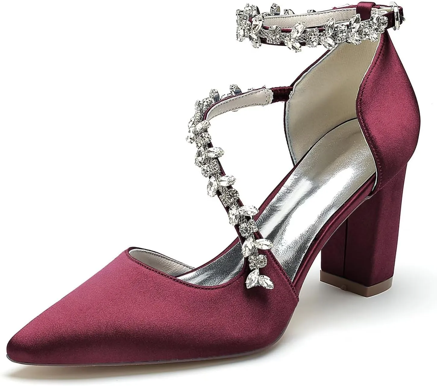 Women's Satin Bridal Pumps - Crystal Embellished Block Heel Wedding Shoes, 3 Inch Chunky Heels with Closed Pointed Toe for Bride, Prom & Cocktail Parties