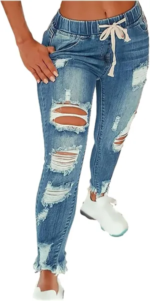 Women's Skinny Ripped Tapered Jeans Mid Rise Distressed Stretchy Denim Pants Slim Tummy Control Denim Leggings with Pockets
