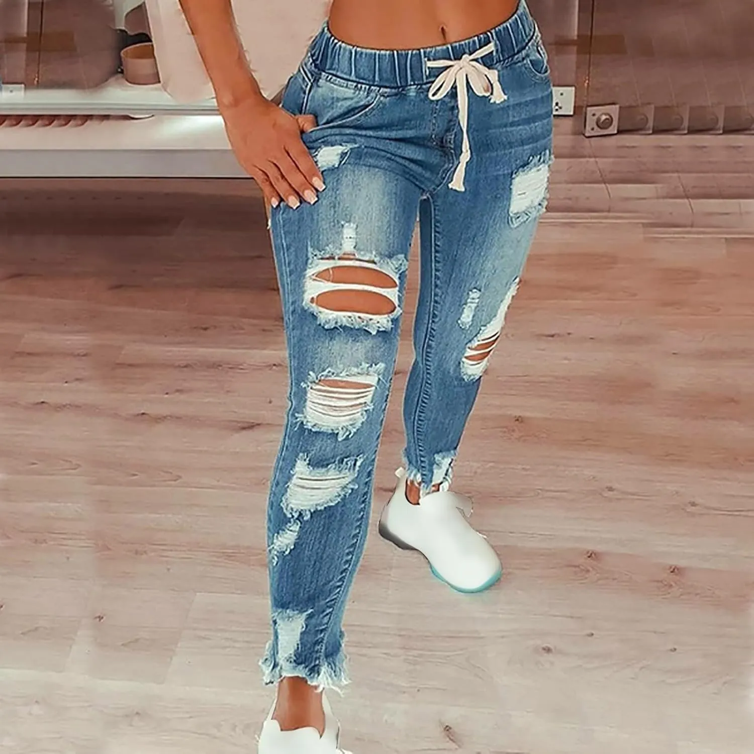 Women's Skinny Ripped Tapered Jeans Mid Rise Distressed Stretchy Denim Pants Slim Tummy Control Denim Leggings with Pockets