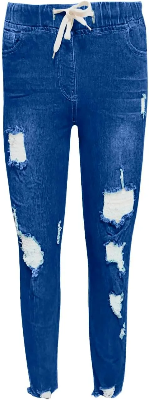 Women's Skinny Ripped Tapered Jeans Mid Rise Distressed Stretchy Denim Pants Slim Tummy Control Denim Leggings with Pockets