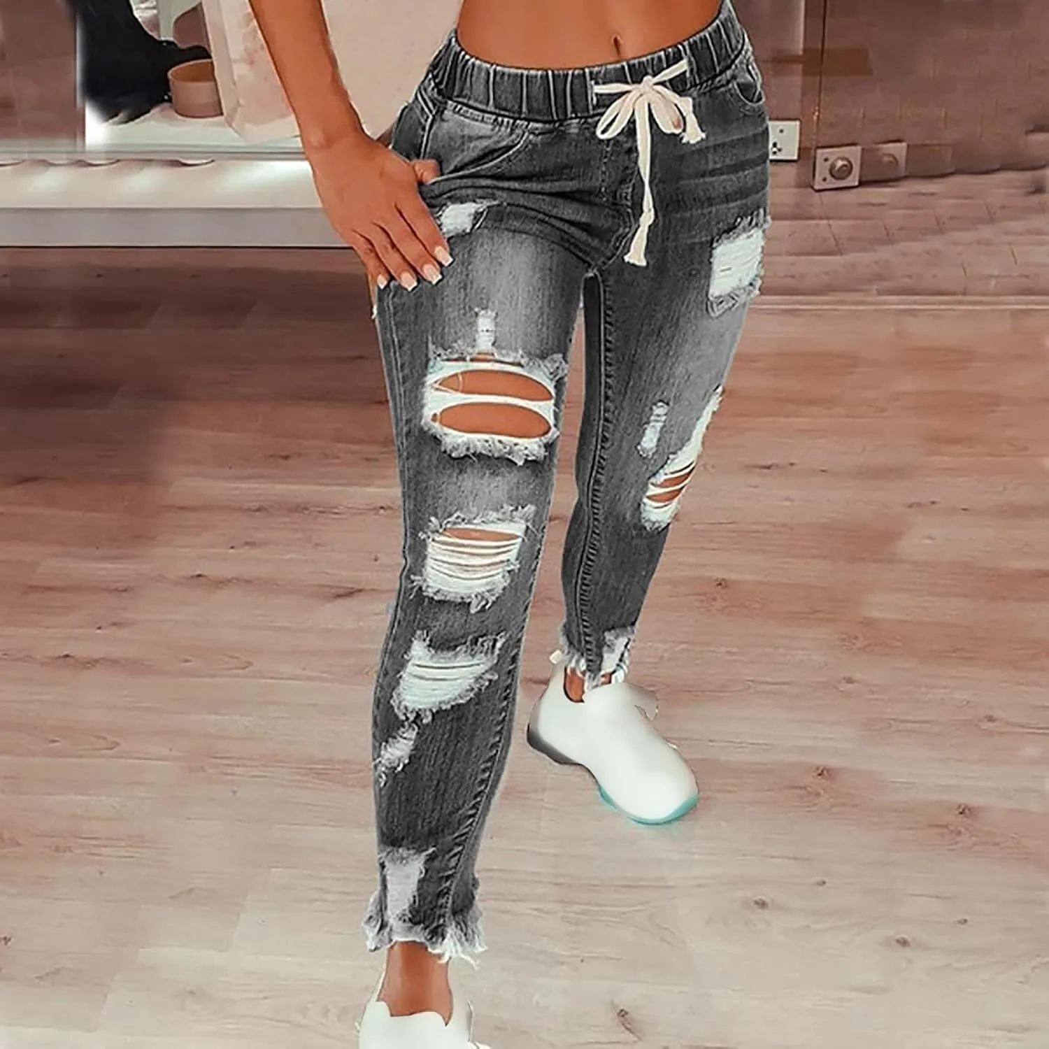 Women's Skinny Ripped Tapered Jeans Mid Rise Distressed Stretchy Denim Pants Slim Tummy Control Denim Leggings with Pockets