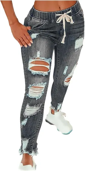 Women's Skinny Ripped Tapered Jeans Mid Rise Distressed Stretchy Denim Pants Slim Tummy Control Denim Leggings with Pockets
