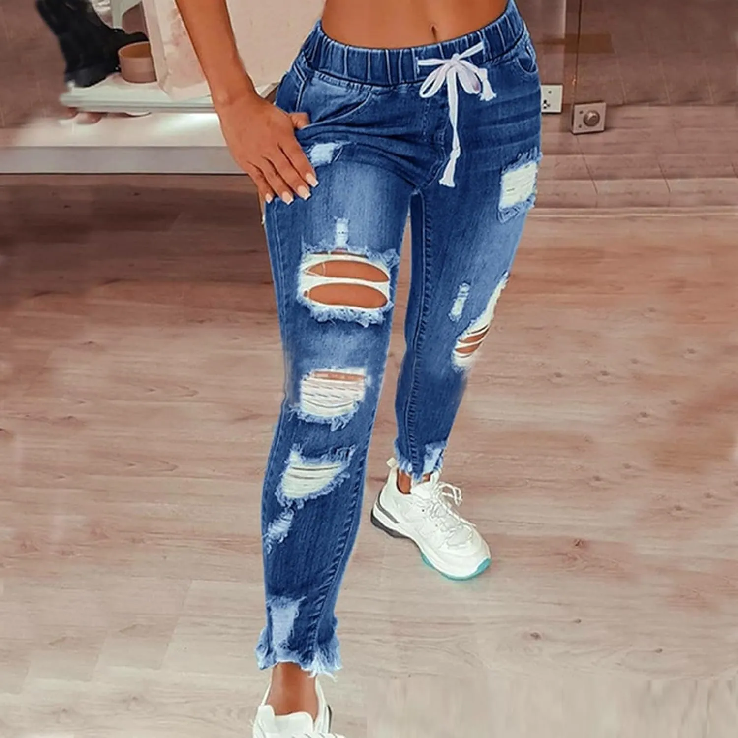 Women's Skinny Ripped Tapered Jeans Mid Rise Distressed Stretchy Denim Pants Slim Tummy Control Denim Leggings with Pockets